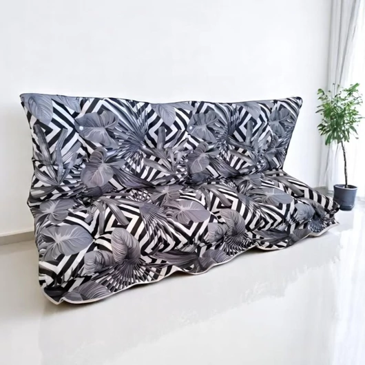 Hintaágy párna 130 cm 3 részes fekete csíkos szürkéskék leveles mintával
