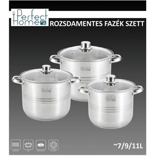 Indukciós, rozsdamentes fazék szett üvegfedővel  7-9-11 literes