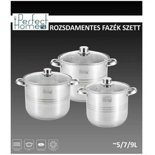 Indukciós, rozsdamentes fazék szett üvegfedővel 