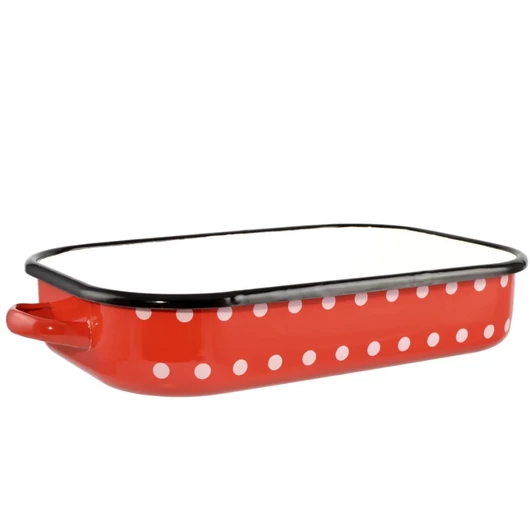 37x25cm-es zománcozott tepsi füllel, pöttyös, piros-fehér színben